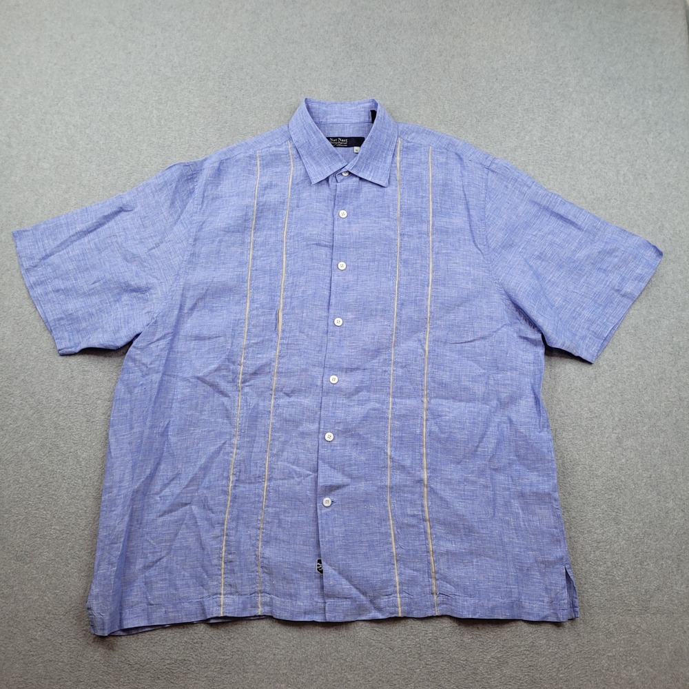 Nat Nast 100% Linen Bowling Shirt Mens XL Blue Short Sleeve Button Up